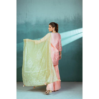 MANDIRA WIRK Women Chanderi Peach Kurta with Sharara and Dupatta