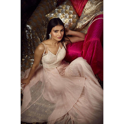 MANDIRA WIRK Women Chanderi Peach Top with Cape and Sharara