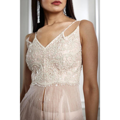 MANDIRA WIRK Women Chanderi Peach Top with Cape and Sharara