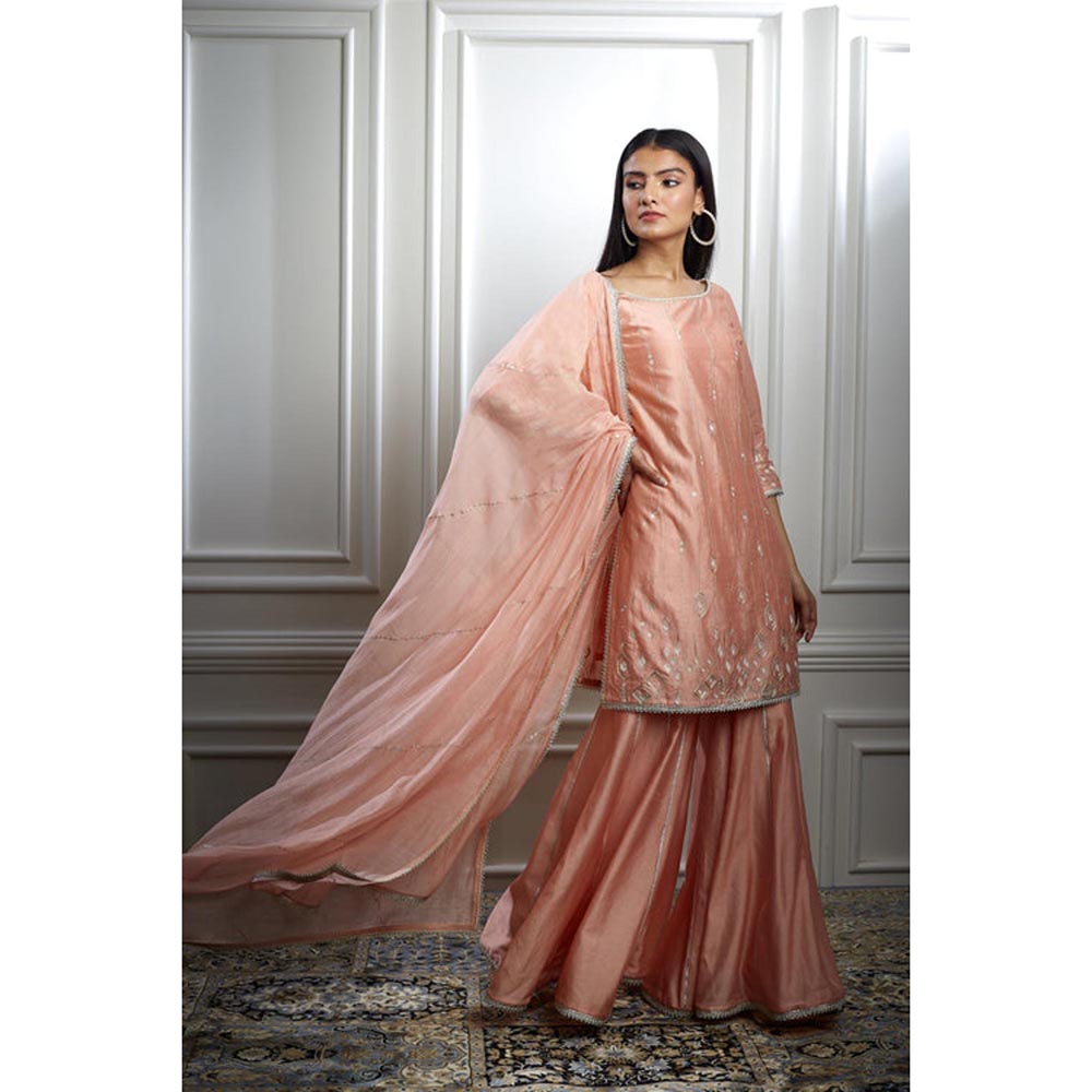 MANDIRA WIRK Women Chanderi Peach Kurta with Sharara and Dupatta