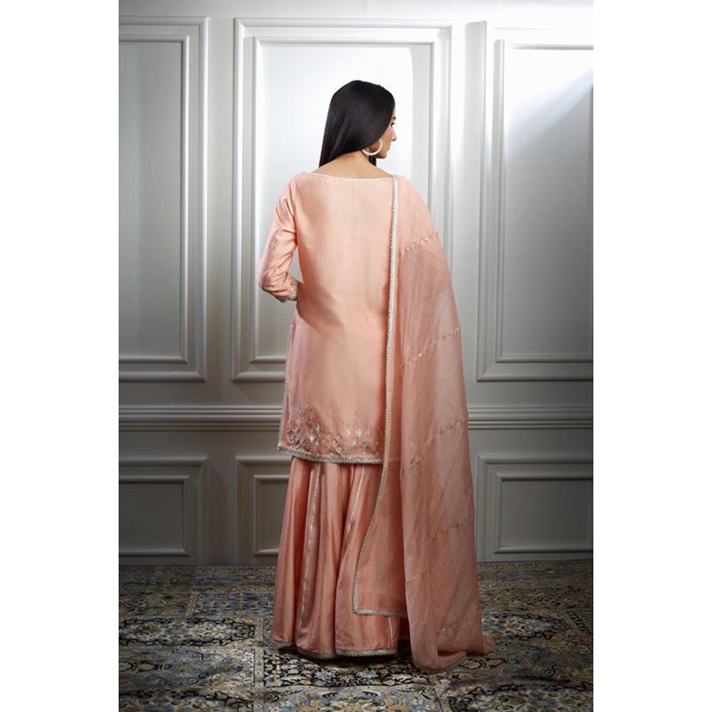 MANDIRA WIRK Women Chanderi Peach Kurta with Sharara and Dupatta
