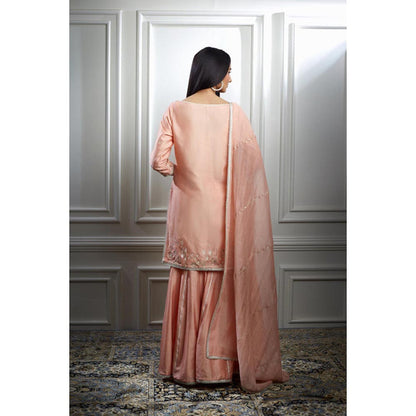 MANDIRA WIRK Women Chanderi Peach Kurta with Sharara and Dupatta