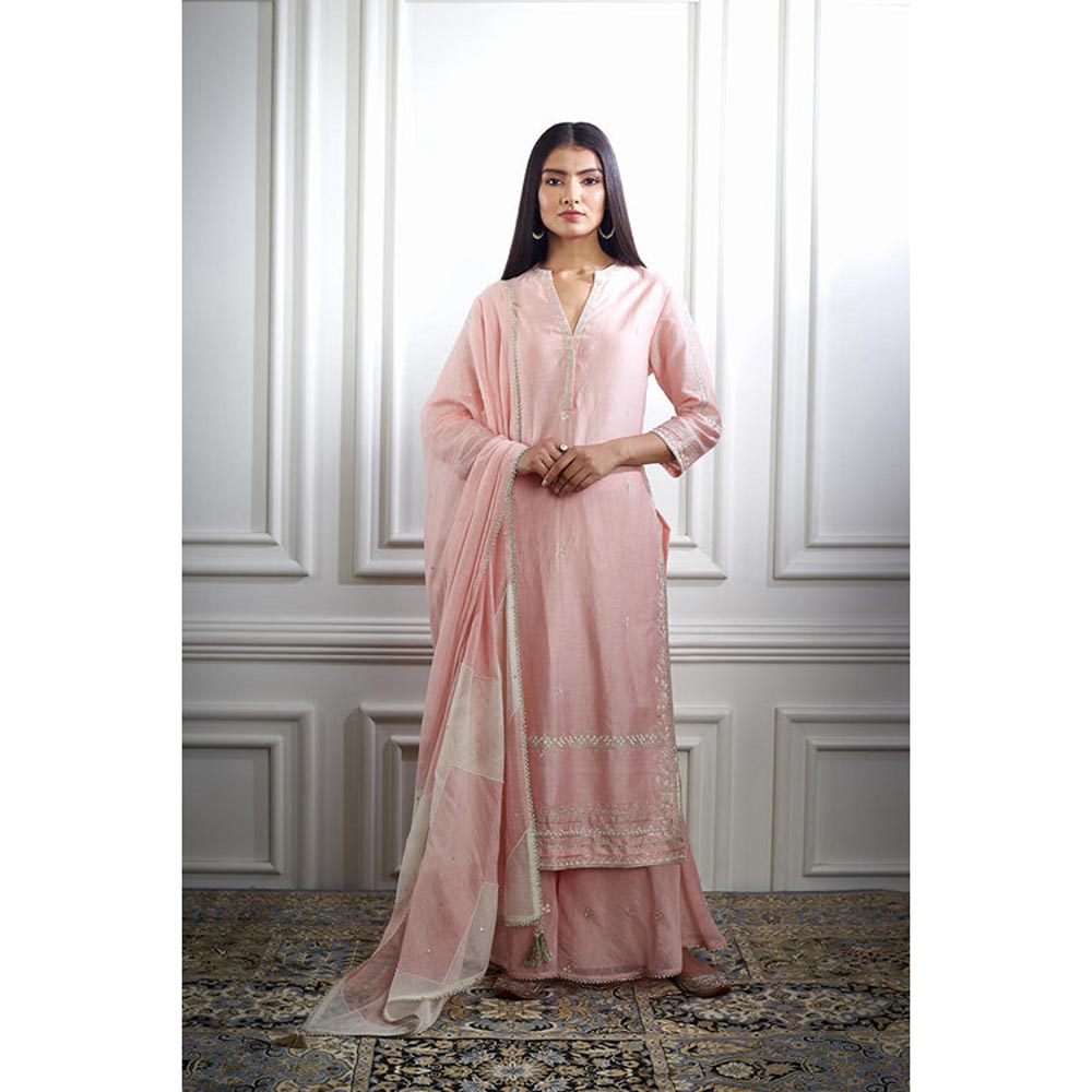 MANDIRA WIRK Women Chanderi Peach Kurta with Sharara and Dupatta