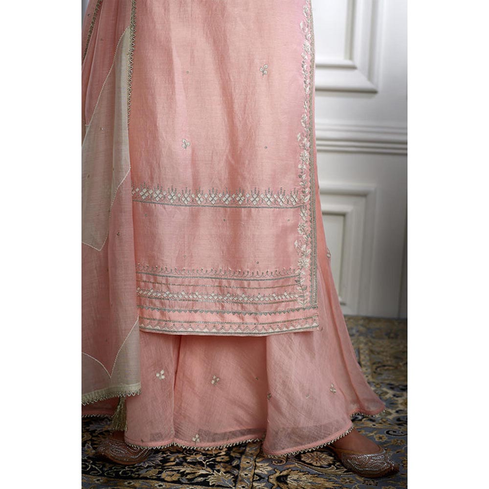 MANDIRA WIRK Women Chanderi Peach Kurta with Sharara and Dupatta