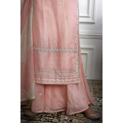MANDIRA WIRK Women Chanderi Peach Kurta with Sharara and Dupatta