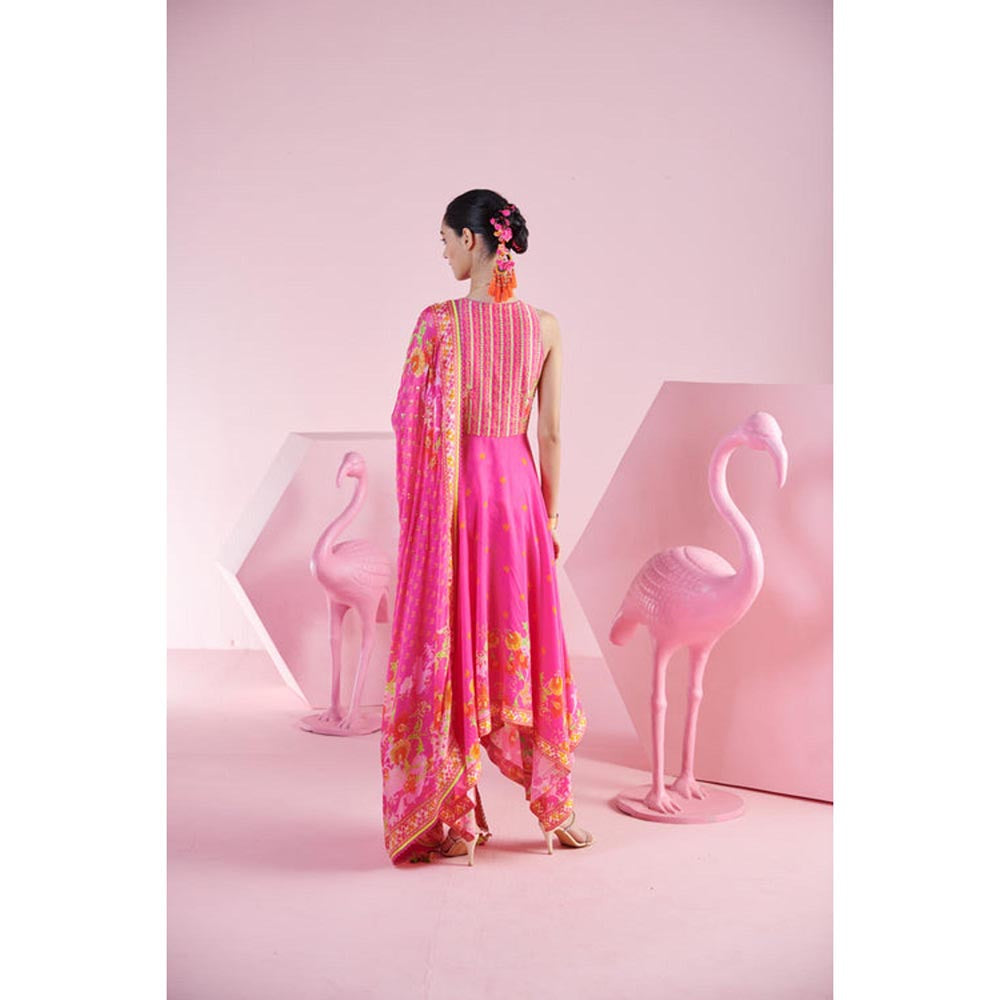 MANDIRA WIRK Women Chanderi Pink Kurta with Pant and Dupatta