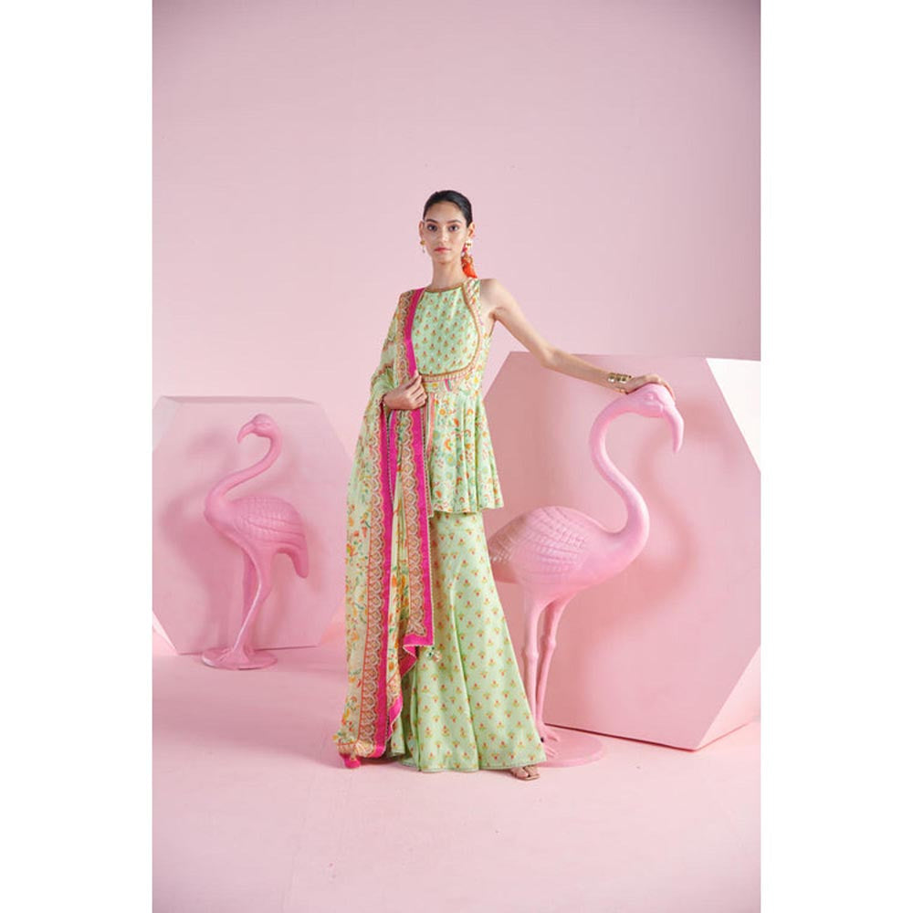 MANDIRA WIRK Women Chanderi Green Kurta with Sharara and Dupatta
