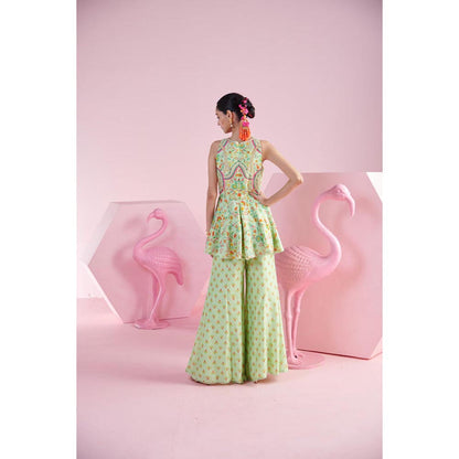 MANDIRA WIRK Women Chanderi Green Kurta with Sharara and Dupatta