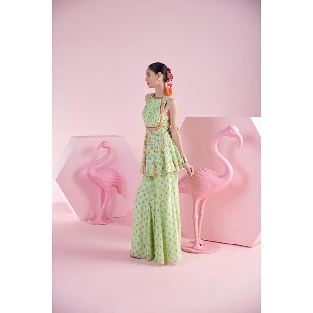 MANDIRA WIRK Women Chanderi Green Kurta with Sharara and Dupatta