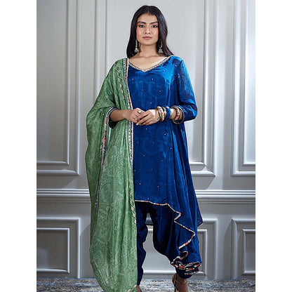 MANDIRA WIRK Women Chanderi Blue Kurta with Pant and Dupatta