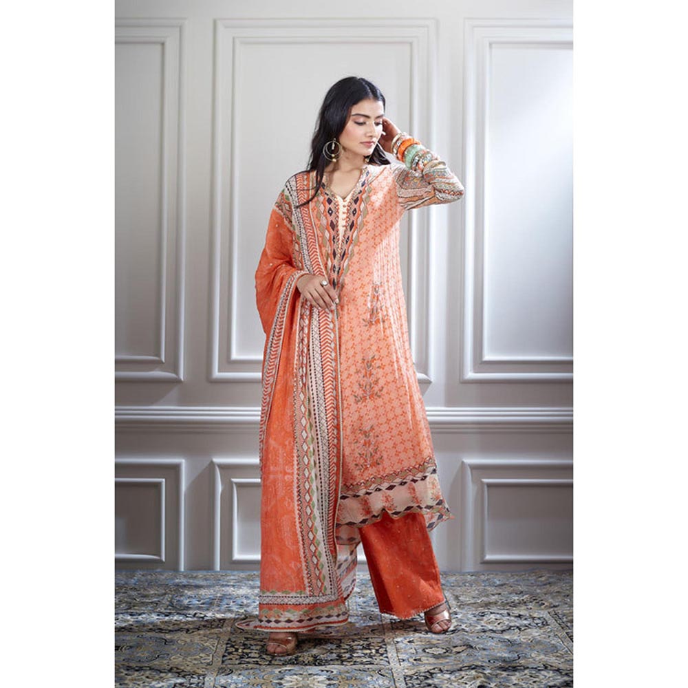 MANDIRA WIRK Women Chanderi Orange Kurta with Palazzo and Dupatta