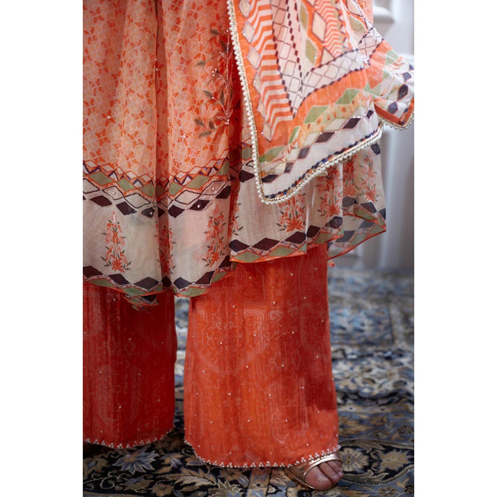MANDIRA WIRK Women Chanderi Orange Kurta with Palazzo and Dupatta