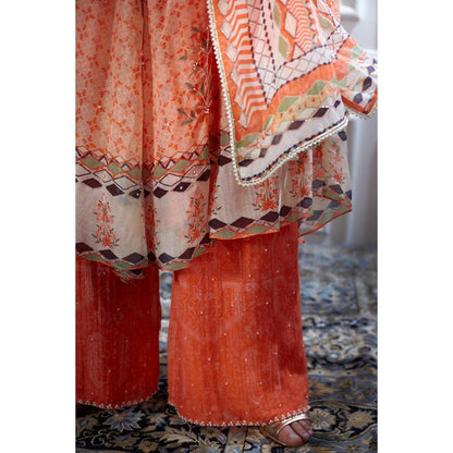 MANDIRA WIRK Women Chanderi Orange Kurta with Palazzo and Dupatta