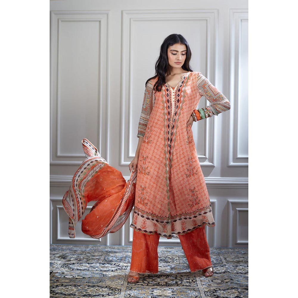 MANDIRA WIRK Women Chanderi Orange Kurta with Palazzo and Dupatta