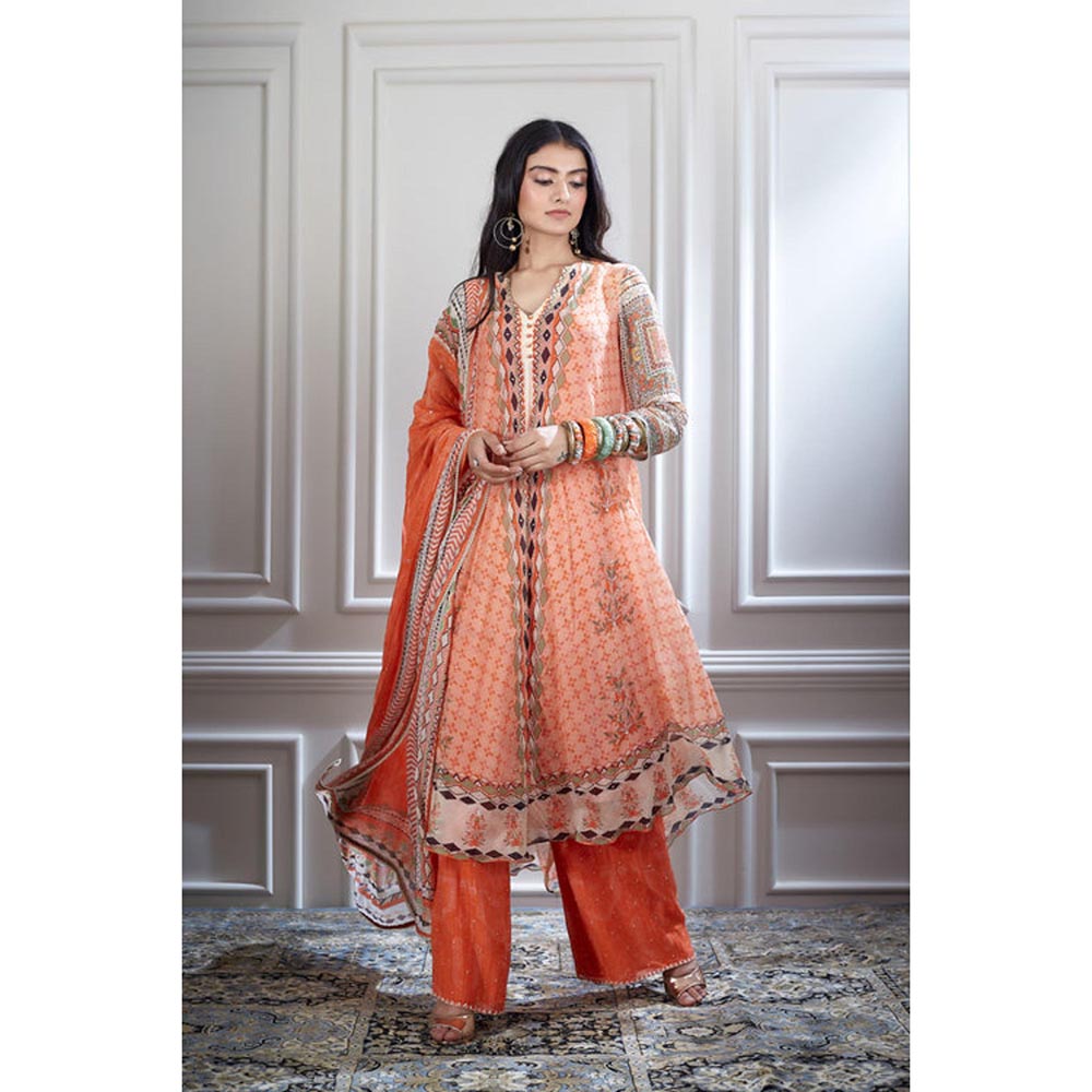 MANDIRA WIRK Women Chanderi Orange Kurta with Palazzo and Dupatta