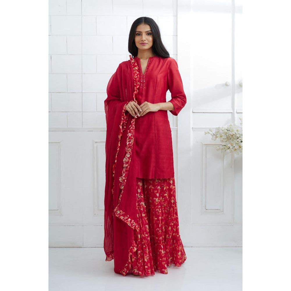 MANDIRA WIRK Women Chanderi Red Kurta with Sharara and Dupatta