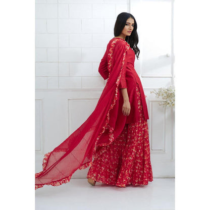 MANDIRA WIRK Women Chanderi Red Kurta with Sharara and Dupatta