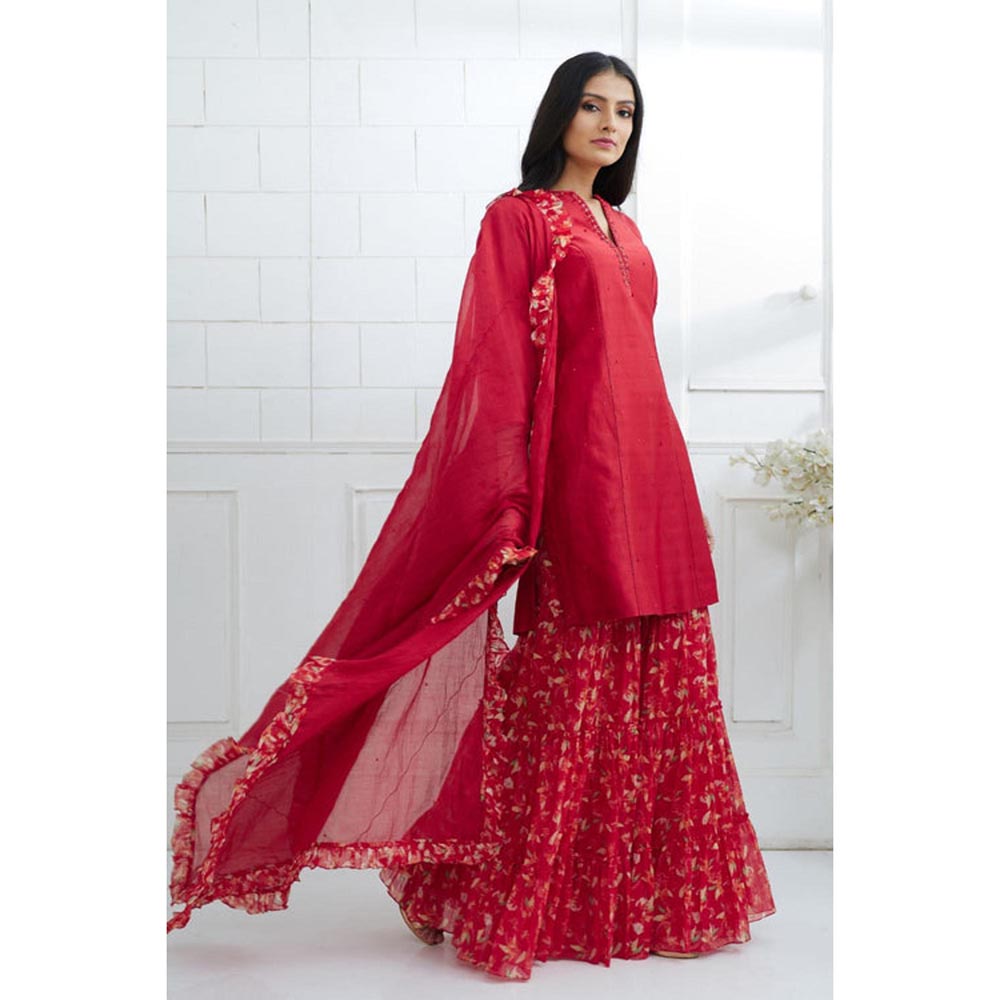 MANDIRA WIRK Women Chanderi Red Kurta with Sharara and Dupatta
