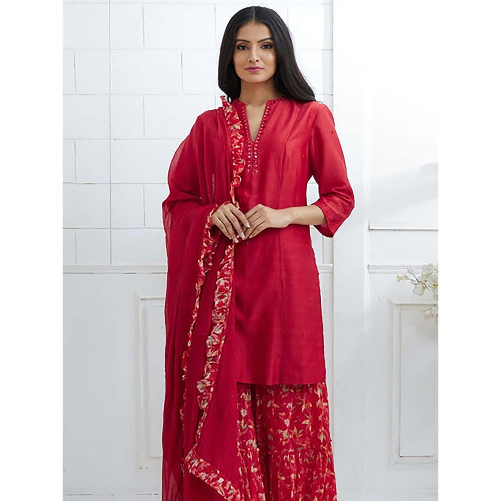 MANDIRA WIRK Women Chanderi Red Kurta with Sharara and Dupatta