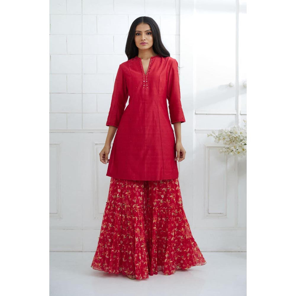 MANDIRA WIRK Women Chanderi Red Kurta with Sharara and Dupatta