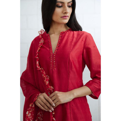 MANDIRA WIRK Women Chanderi Red Kurta with Sharara and Dupatta