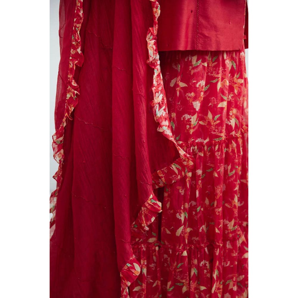 MANDIRA WIRK Women Chanderi Red Kurta with Sharara and Dupatta