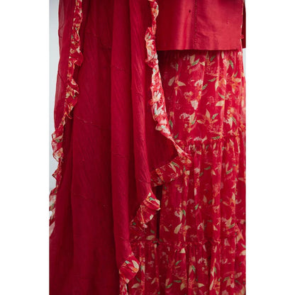 MANDIRA WIRK Women Chanderi Red Kurta with Sharara and Dupatta