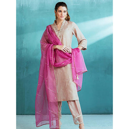 MANDIRA WIRK Women Chanderi Grey Kurta with Pant and Dupatta
