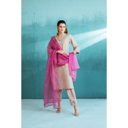 MANDIRA WIRK Women Chanderi Grey Kurta with Pant and Dupatta