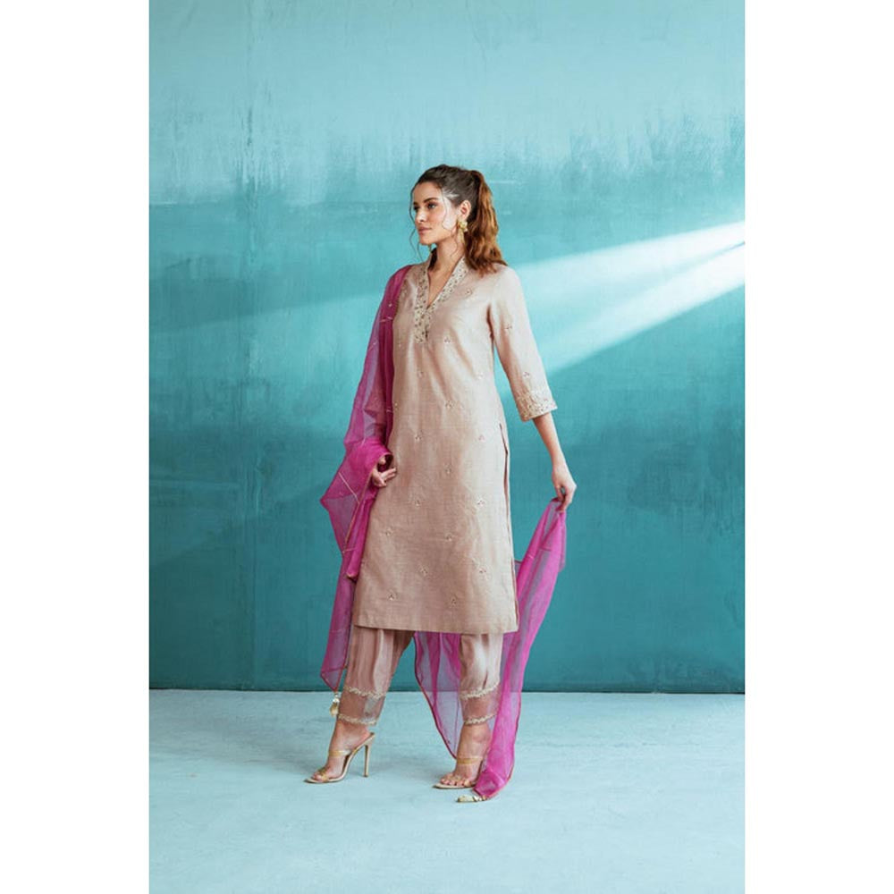 MANDIRA WIRK Women Chanderi Grey Kurta with Pant and Dupatta