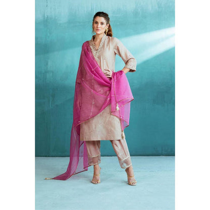 MANDIRA WIRK Women Chanderi Grey Kurta with Pant and Dupatta