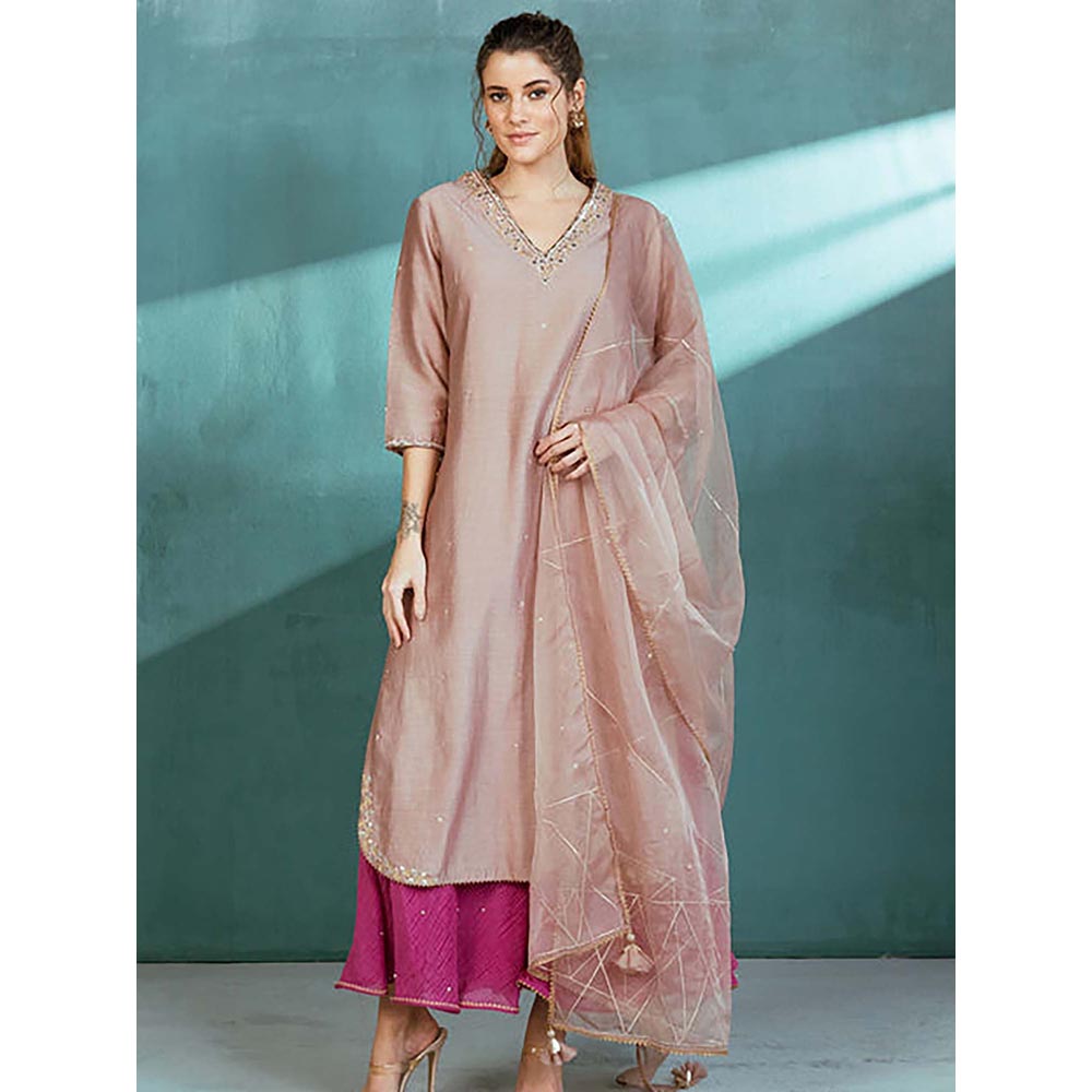MANDIRA WIRK Women Chanderi Grey Kurta with Sharara and Dupatta