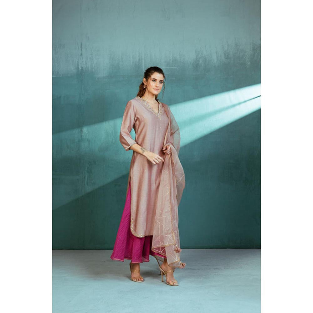 MANDIRA WIRK Women Chanderi Grey Kurta with Sharara and Dupatta