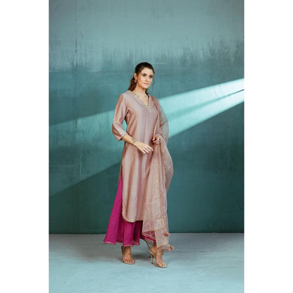 MANDIRA WIRK Women Chanderi Grey Kurta with Sharara and Dupatta