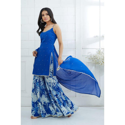 MANDIRA WIRK Women Chiffon Blue Kurta with Sharara and Dupatta