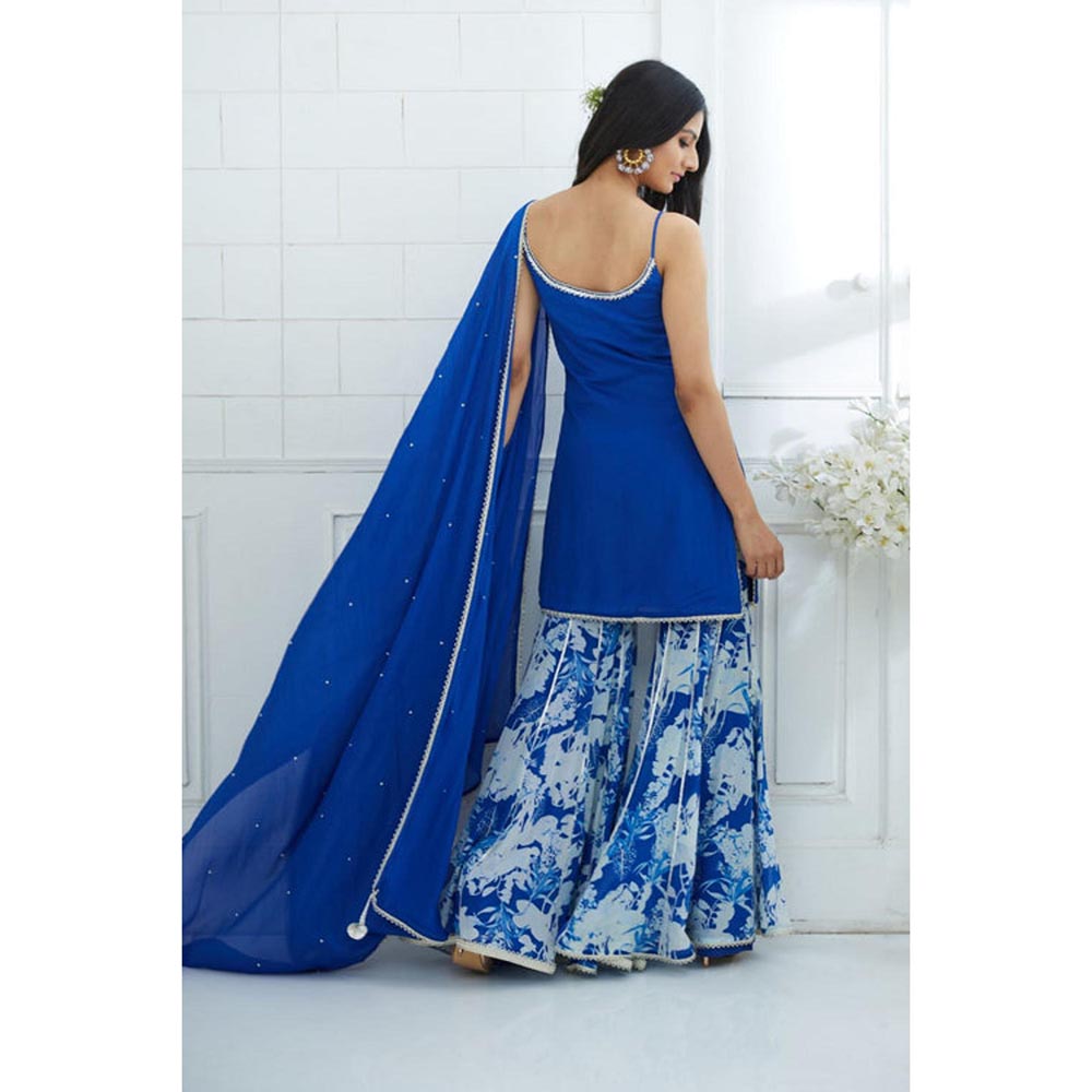 MANDIRA WIRK Women Chiffon Blue Kurta with Sharara and Dupatta