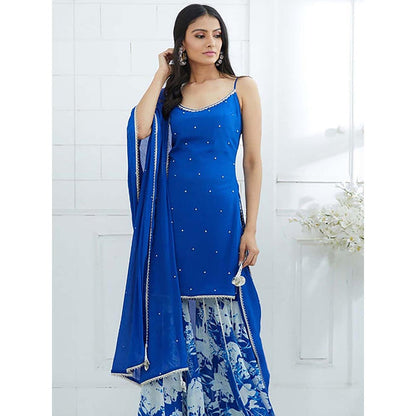 MANDIRA WIRK Women Chiffon Blue Kurta with Sharara and Dupatta