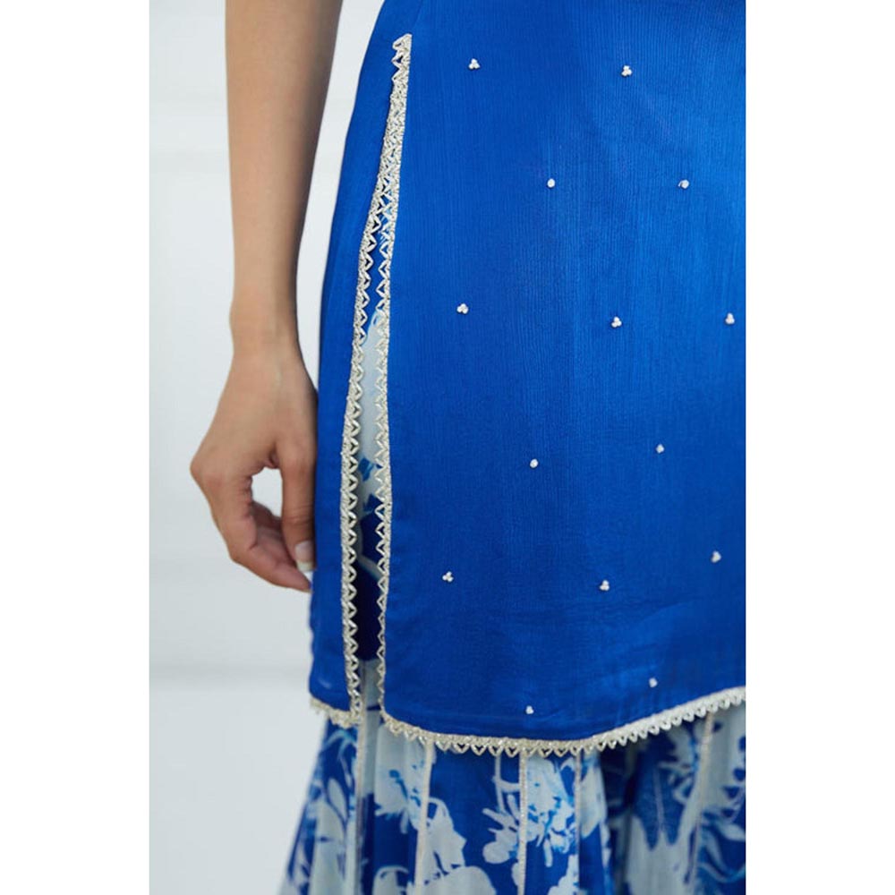 MANDIRA WIRK Women Chiffon Blue Kurta with Sharara and Dupatta
