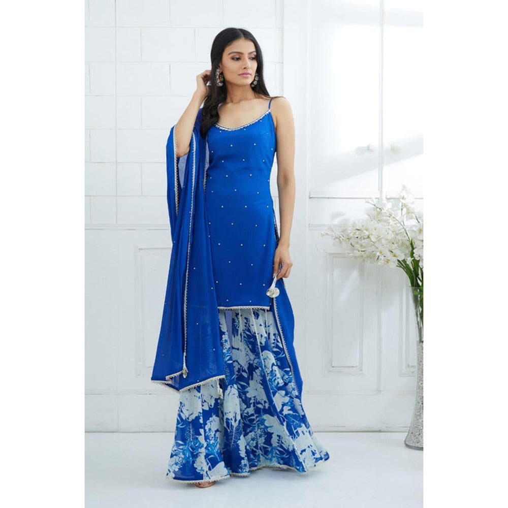 MANDIRA WIRK Women Chiffon Blue Kurta with Sharara and Dupatta