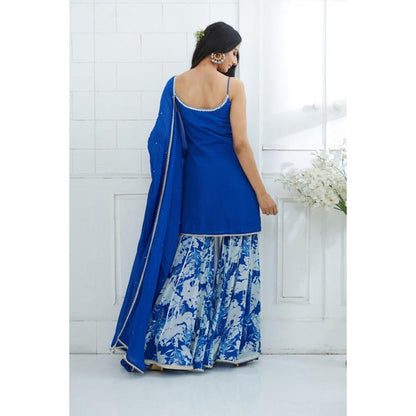 MANDIRA WIRK Women Chiffon Blue Kurta with Sharara and Dupatta