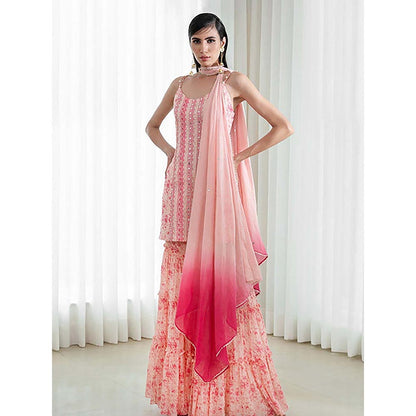 MANDIRA WIRK Women Chanderi Peach Kurta with Sharara and Dupatta