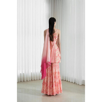 MANDIRA WIRK Women Chanderi Peach Kurta with Sharara and Dupatta