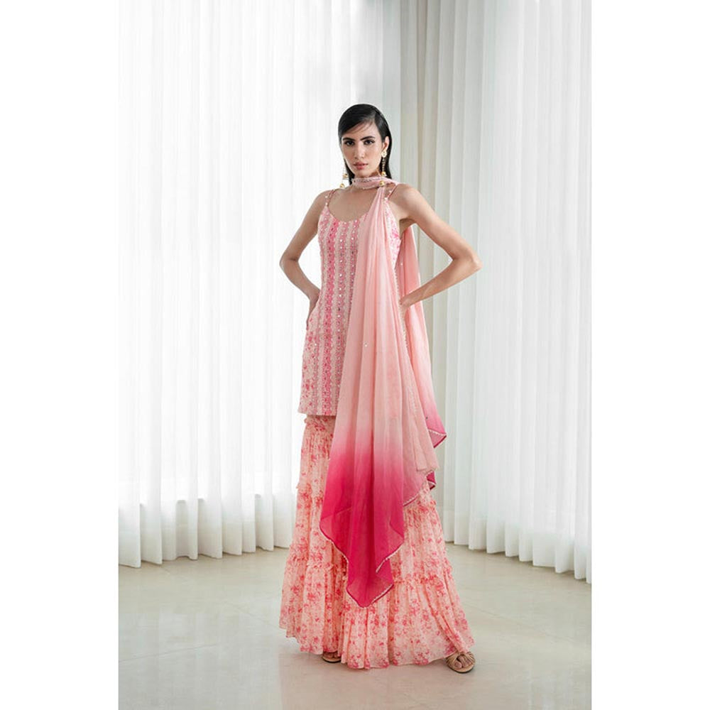 MANDIRA WIRK Women Chanderi Peach Kurta with Sharara and Dupatta