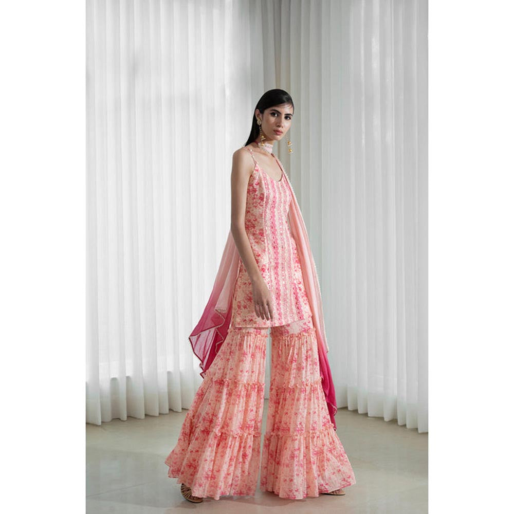MANDIRA WIRK Women Chanderi Peach Kurta with Sharara and Dupatta