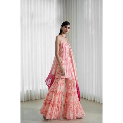 MANDIRA WIRK Women Chanderi Peach Kurta with Sharara and Dupatta