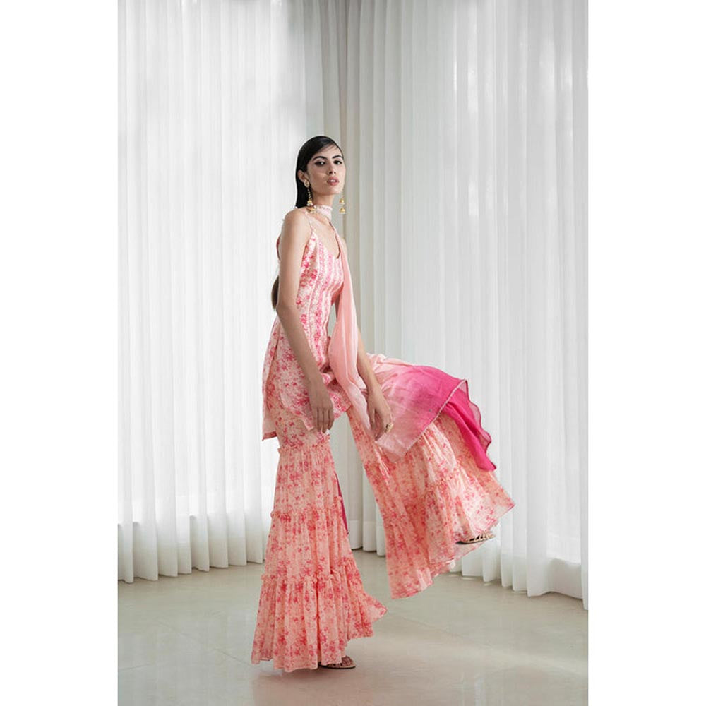 MANDIRA WIRK Women Chanderi Peach Kurta with Sharara and Dupatta
