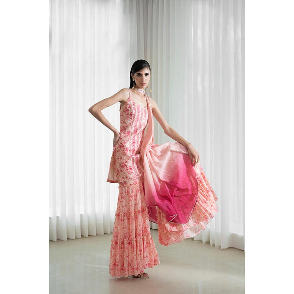 MANDIRA WIRK Women Chanderi Peach Kurta with Sharara and Dupatta