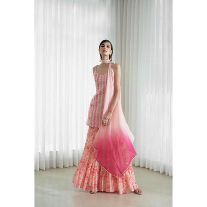 MANDIRA WIRK Women Chanderi Peach Kurta with Sharara and Dupatta