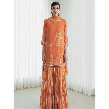 MANDIRA WIRK Women Mulmul Orange Kurta with Sharara and Dupatta