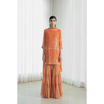 MANDIRA WIRK Women Mulmul Orange Kurta with Sharara and Dupatta